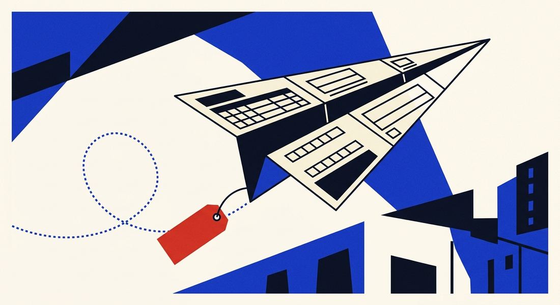 Illustration of a government form folded into a paper airplane flying with a red tag trailing behind