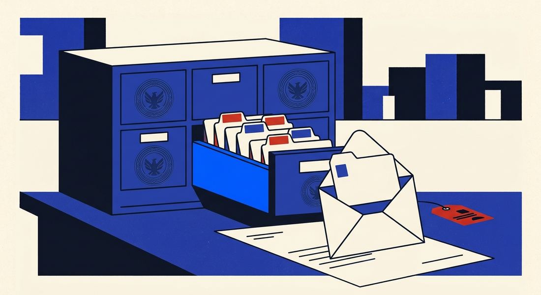 Illustration of a filing cabinet vault with organized folders handing a document to a waiting envelope
