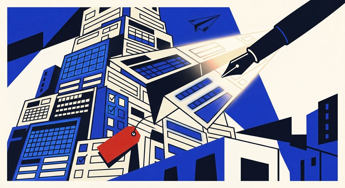 Illustration of a towering city built out of paperwork and forms, with a pen filling one in a beam of light