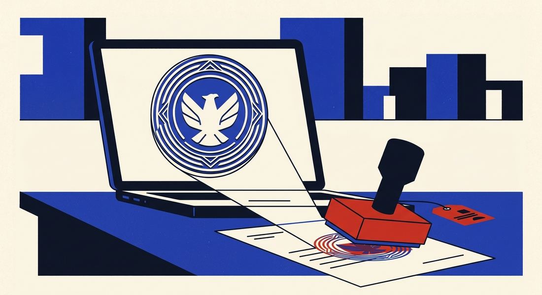 Illustration of a laptop screen projecting a notary seal onto a document being stamped