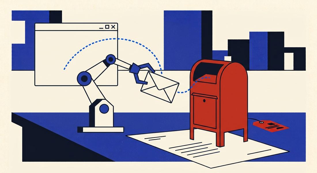 Illustration of a robotic arm from a computer window dropping an envelope into a red mail collection box