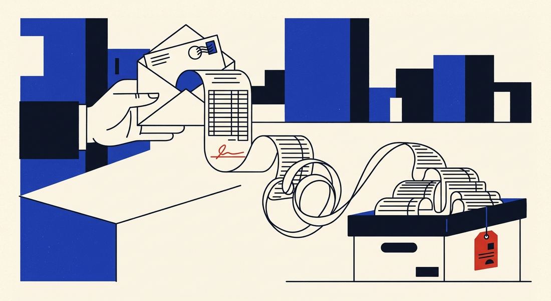 Illustration of a hand receiving an envelope with a signed receipt unspooling into an archive box